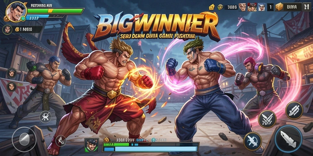 Screenshot gameplay BIGWINNER menampilkan pertarungan seru dan karakter yang beragam.