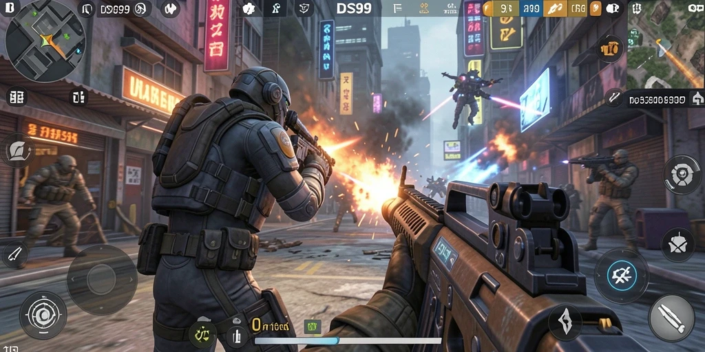 Screenshot utama DS99 menunjukkan aksi seru dalam pertempuran TPS.