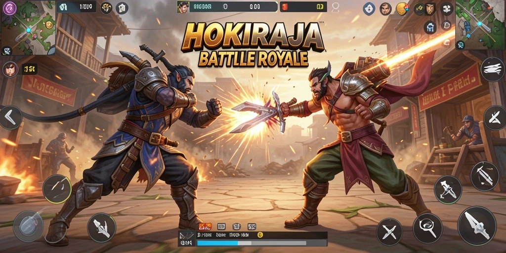 Screenshot gameplay HOKIRAJA yang menunjukkan pertempuran seru di medan perang.