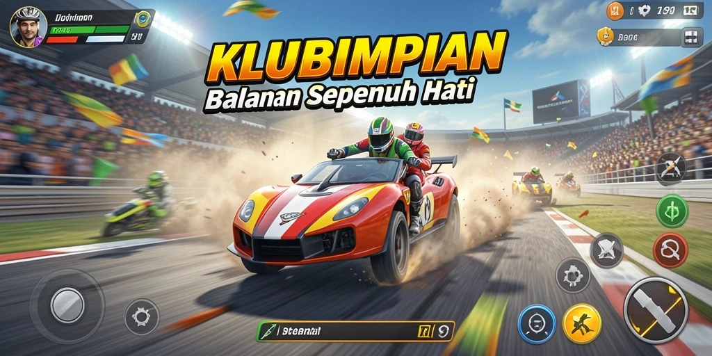 Screenshot gameplay KLUBIMPIAN menunjukkan balapan mendebarkan dengan mobil yang cepat.