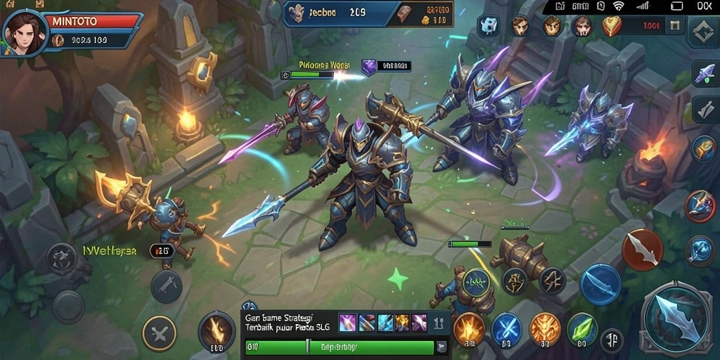 Screenshot gameplay MINTOTO menampilkan aksi pertempuran dan pembangunan kerajaan.