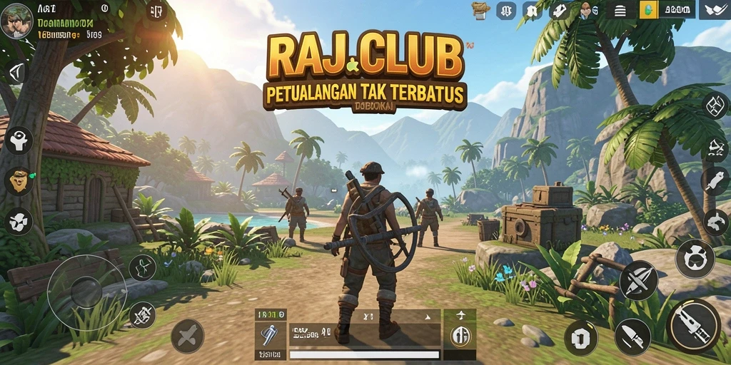 Screenshot utama RAJACLUB menunjukkan pemain menjelajahi dunia yang luas dan dinamis.